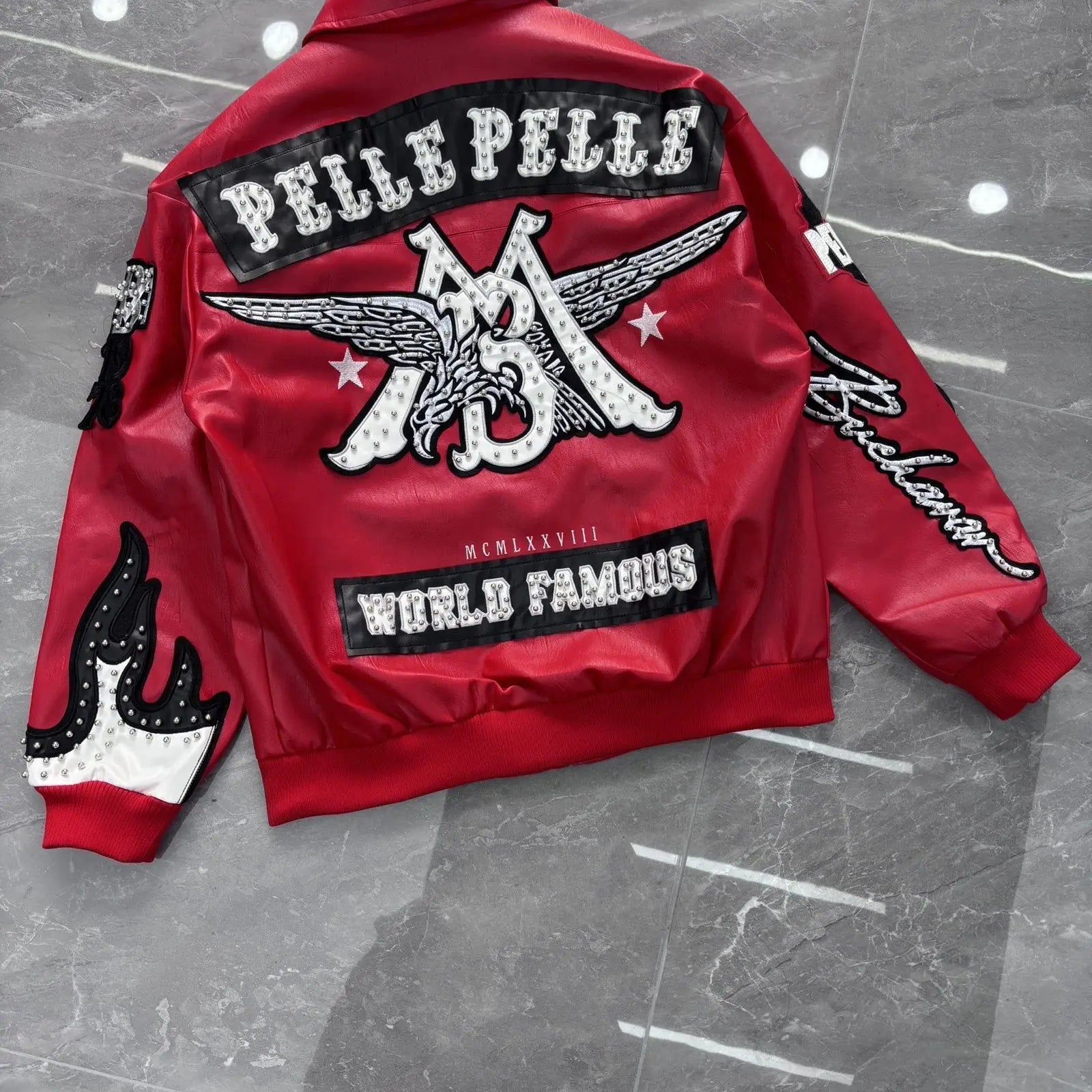 American retro cool design flame decoration hip-hop eagle nail motorcycle embroidery leather jackets winter version mens jacket