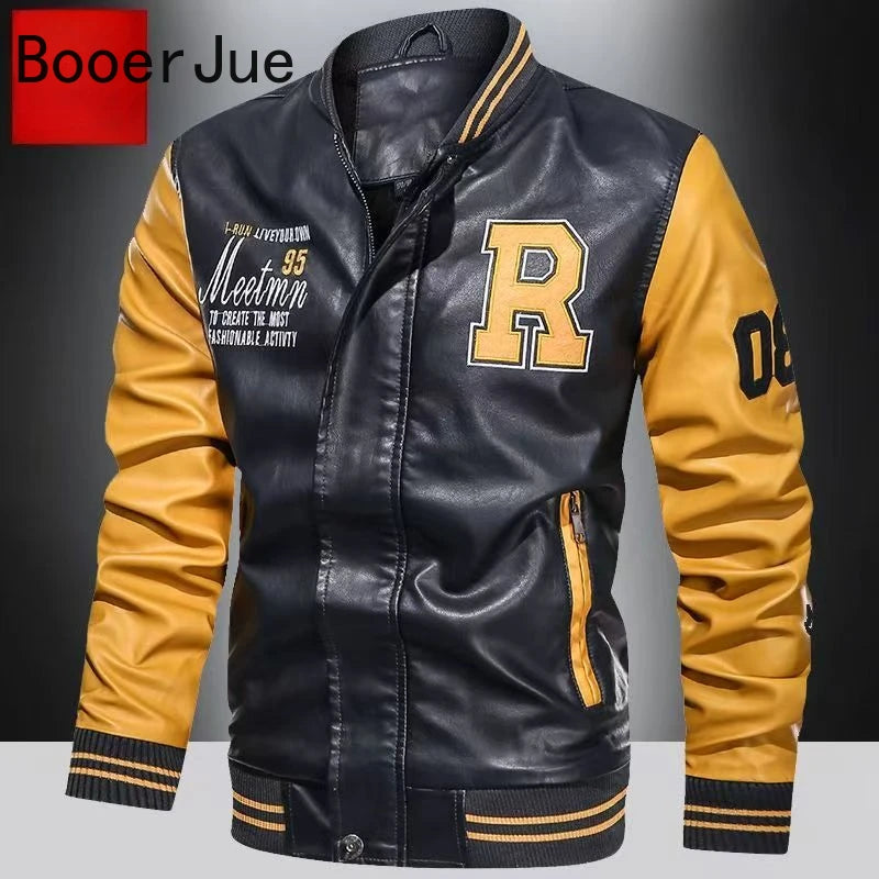 Bomber Jacket Men Baseball Motorcycle Embroidered Leather Pu Coats Slim Fit College Fleece Luxury Pilot Jackets Top Winter Coat
