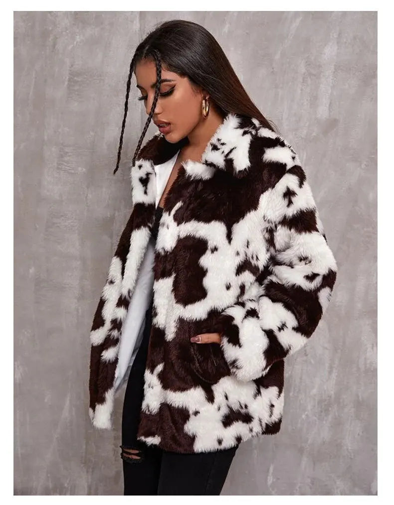 Spring Winter New Fashion Coat Harajuku Cows Printing Loose Full Sleeve Leather Jacket Vintage Flannel Keep Warm Cotton Clothes