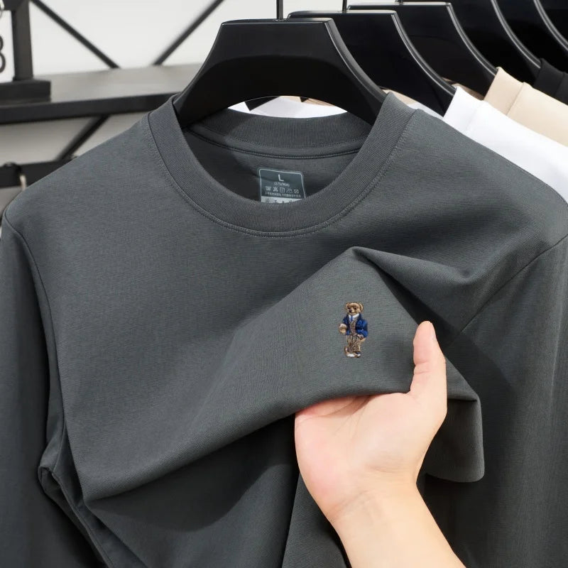 High-quality Men's luxury spring autumn long sleeve T-shirt round neck commuting versatile exquisite teddy bear embroidered top