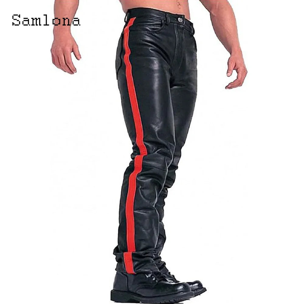 2025 Men's Rock Style PU Leather Pants Sexy Night Club Dance Pants Hommes Side Striped Faux Leather Slim Motorcycle Trousers New