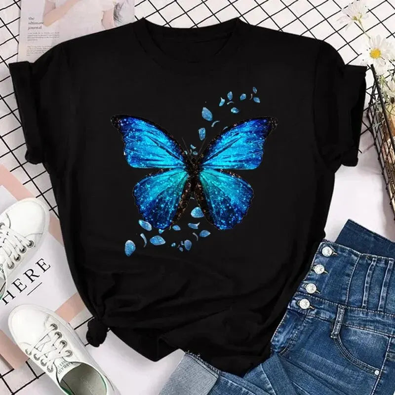 Colorful Butterfly Petal Print Short Sleeve and Round Neck Cute Graphic Tee Shirts Female Tops Clothing .