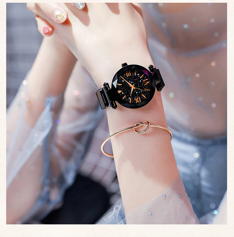 Womens Fashion Starry Sky Watches Magnet Buckle Mesh Belt