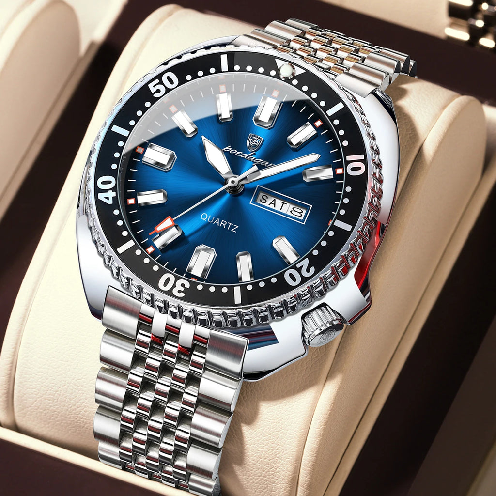 POEDAGAR Luxury Business Men Watch Date Week Waterproof Luminous Man Wristwatch Sport Stainless Steel Quartz Men's Watches Reloj