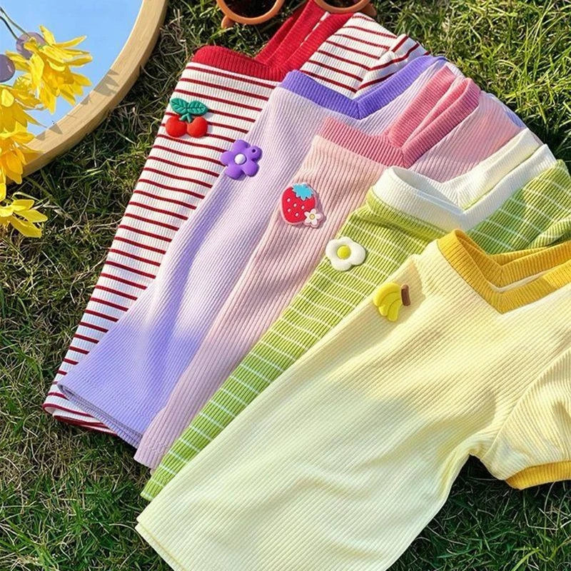 1-7Y Children's Short Sleeved T-shirt 2025 Summer New Girls Square Neck Shirts Cute Stylish Baby Breathable Half Dleeved Tops