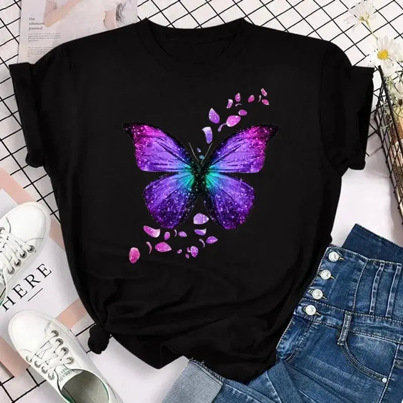 Colorful Butterfly Petal Print Short Sleeve and Round Neck Cute Graphic Tee Shirts Female Tops Clothing .