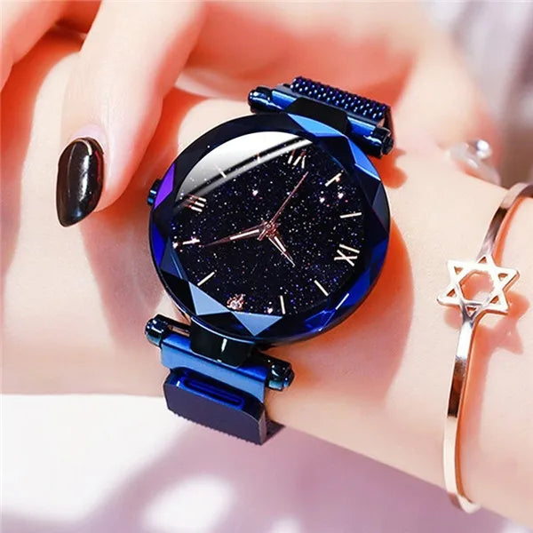 Womens Fashion Starry Sky Watches Magnet Buckle Mesh Belt