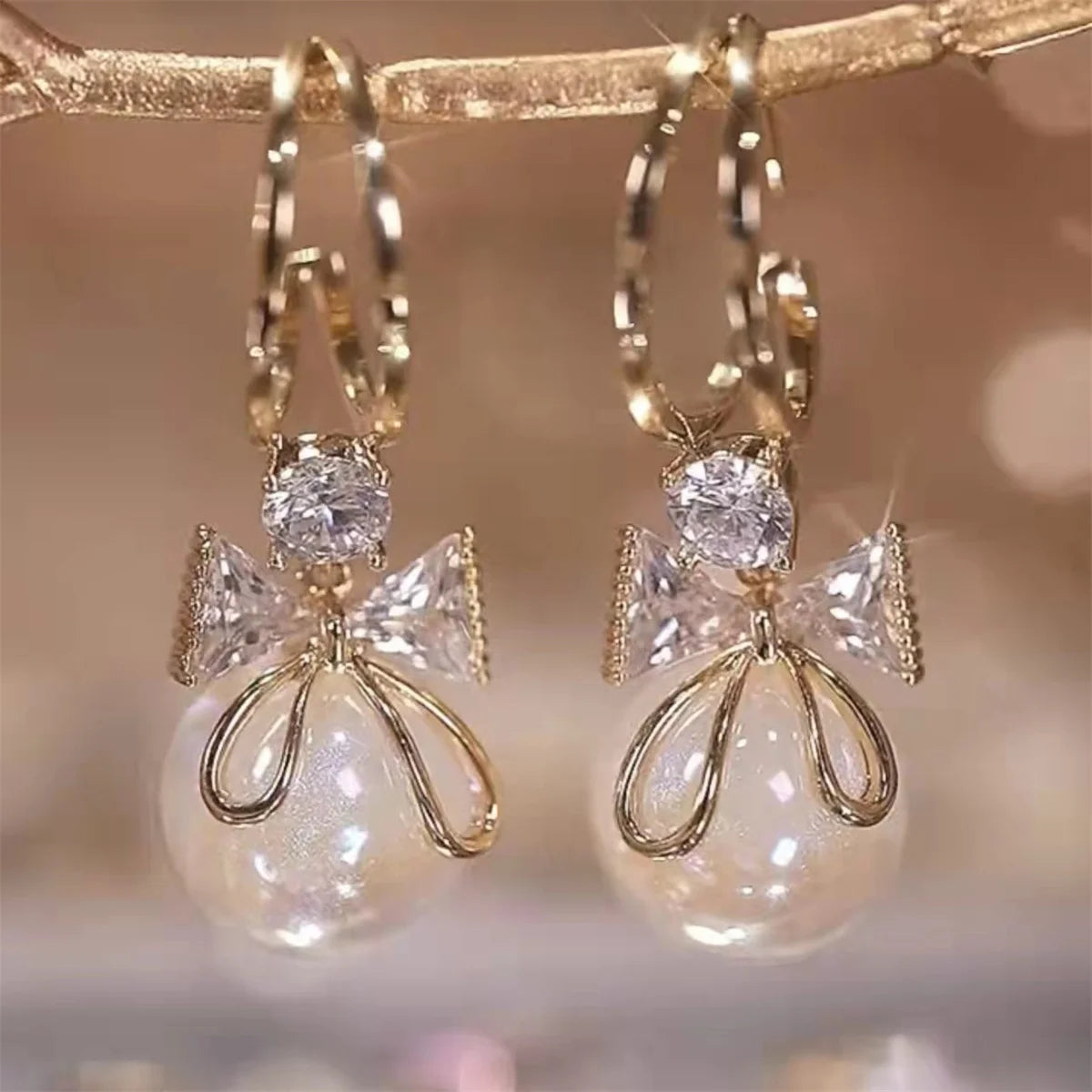 Crystal Bow Earrings with Natural Stone Drop Design Gold Korean Style
