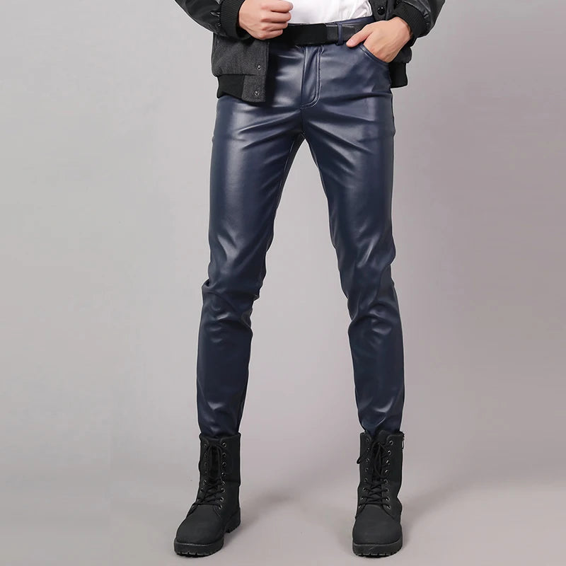 Elastic PU Leather Pants Mens Slim Stretch Trousers Thin Velvet Windproof Motorcycle Trousers Outdoor Work Biker Leather Pants