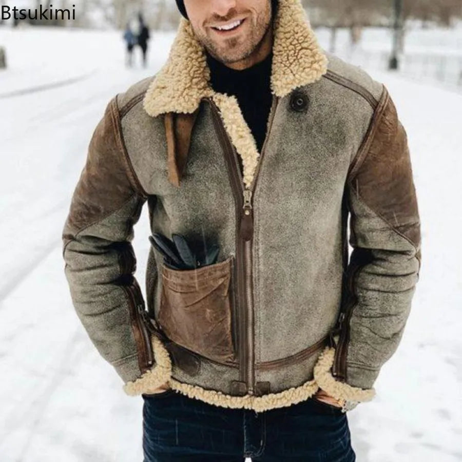 New Men's Winter Jacket Thick Warm Faux Leather Warm Coats Fashion Turn Down Collar Contrasting Color Suede Fur One-Piece Jacket