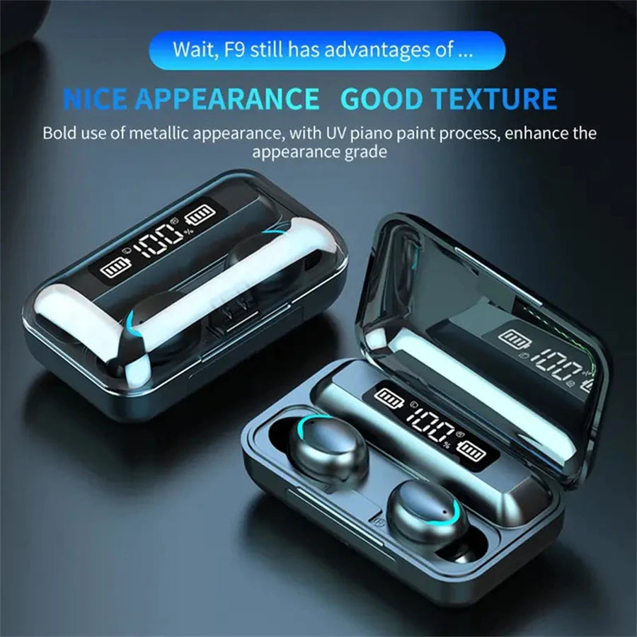 F9 TWS Bluetooth Wireless Headphones - Large-Capacity Charging Case & Digital Display, Long-Lasting Battery Game Earbuds