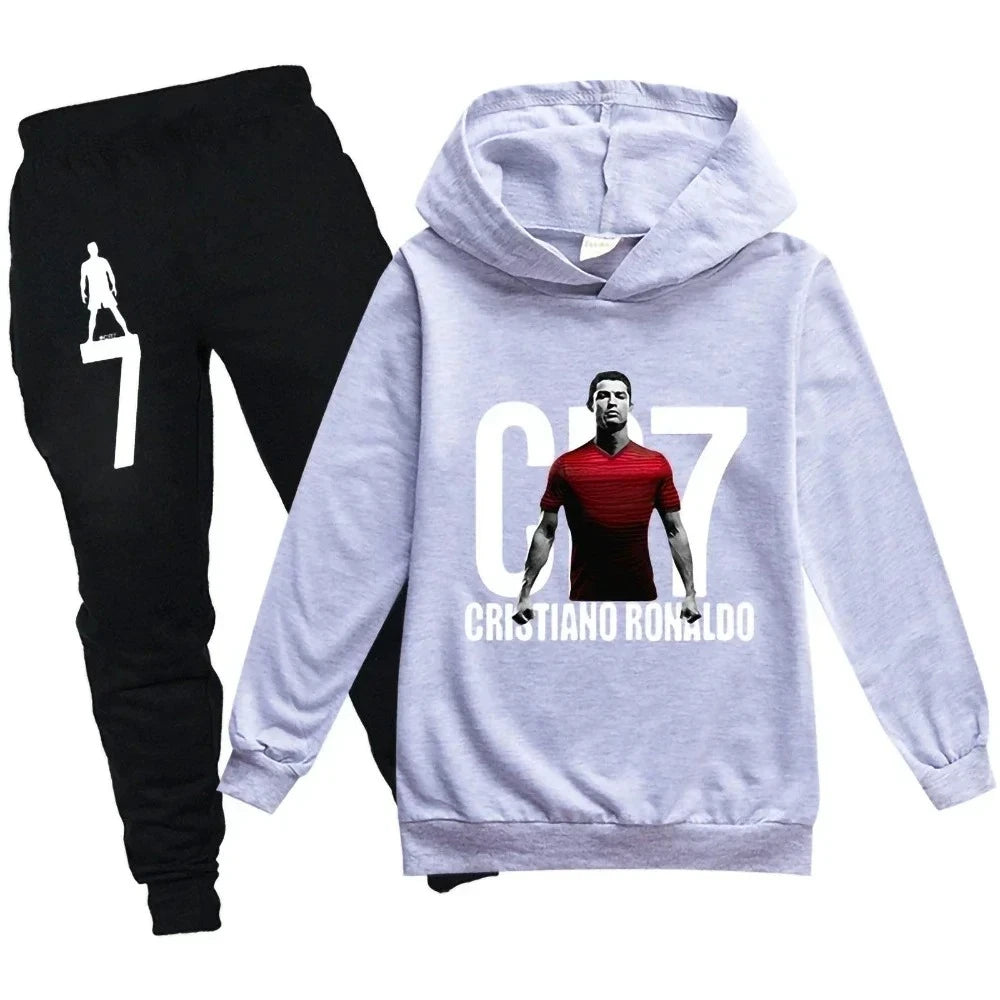 3-12 Years Spring Autumn Football CR7 Print Hoodie +Pants Suit Boy Sweatshirt 2pcs Sets Children Set Trousers Suits Kid Clothes