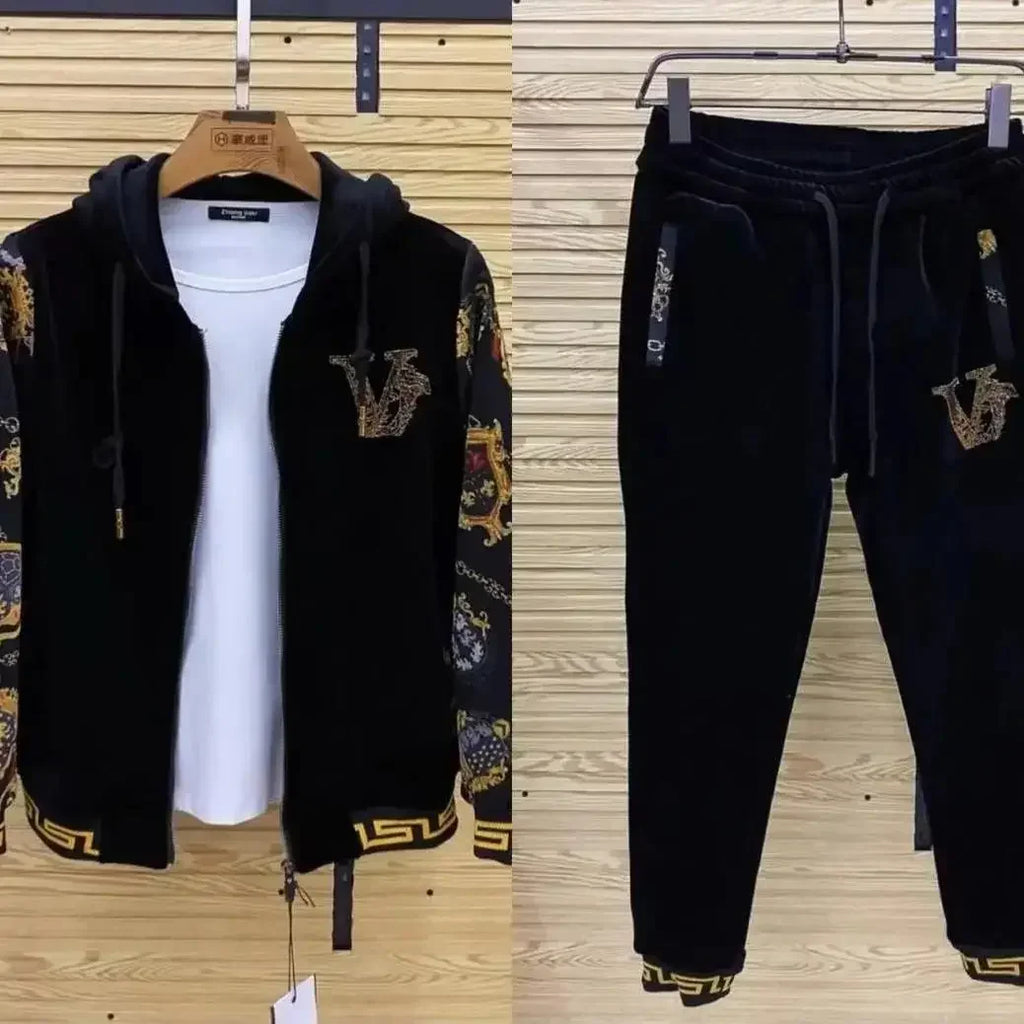 Men's Spring and Autumn Coat 2024 New Gold Velvet Casual Two-Piece Suit Pants Suit All-Match Fashion Fashion