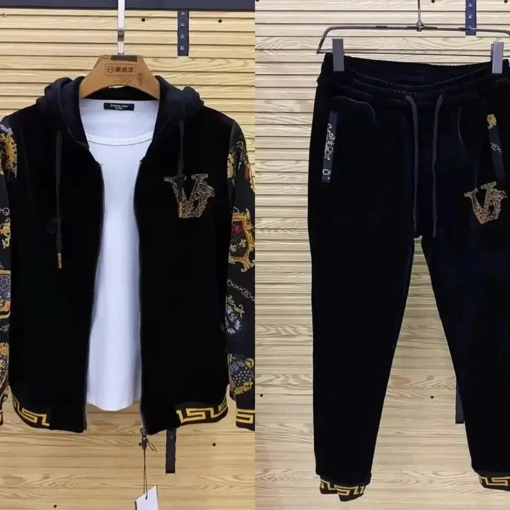 Men's Spring and Autumn Coat 2024 New Gold Velvet Casual Two-Piece Suit Pants Suit All-Match Fashion Fashion