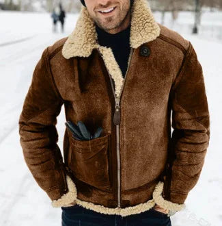 New Men's Winter Jacket Thick Warm Faux Leather Warm Coats Fashion Turn Down Collar Contrasting Color Suede Fur One-Piece Jacket