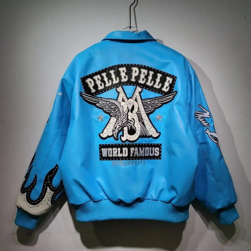 American retro cool design flame decoration hip-hop eagle nail motorcycle embroidery leather jackets winter version mens jacket
