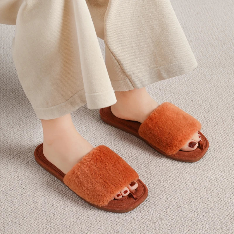 Eyriphy Women's Fluffy Furry Fur Slippers Open Toe Casual Bedroom Slides Memory Foam Soft Sole Cotton Shoes Anti-Slip Spa Indoor