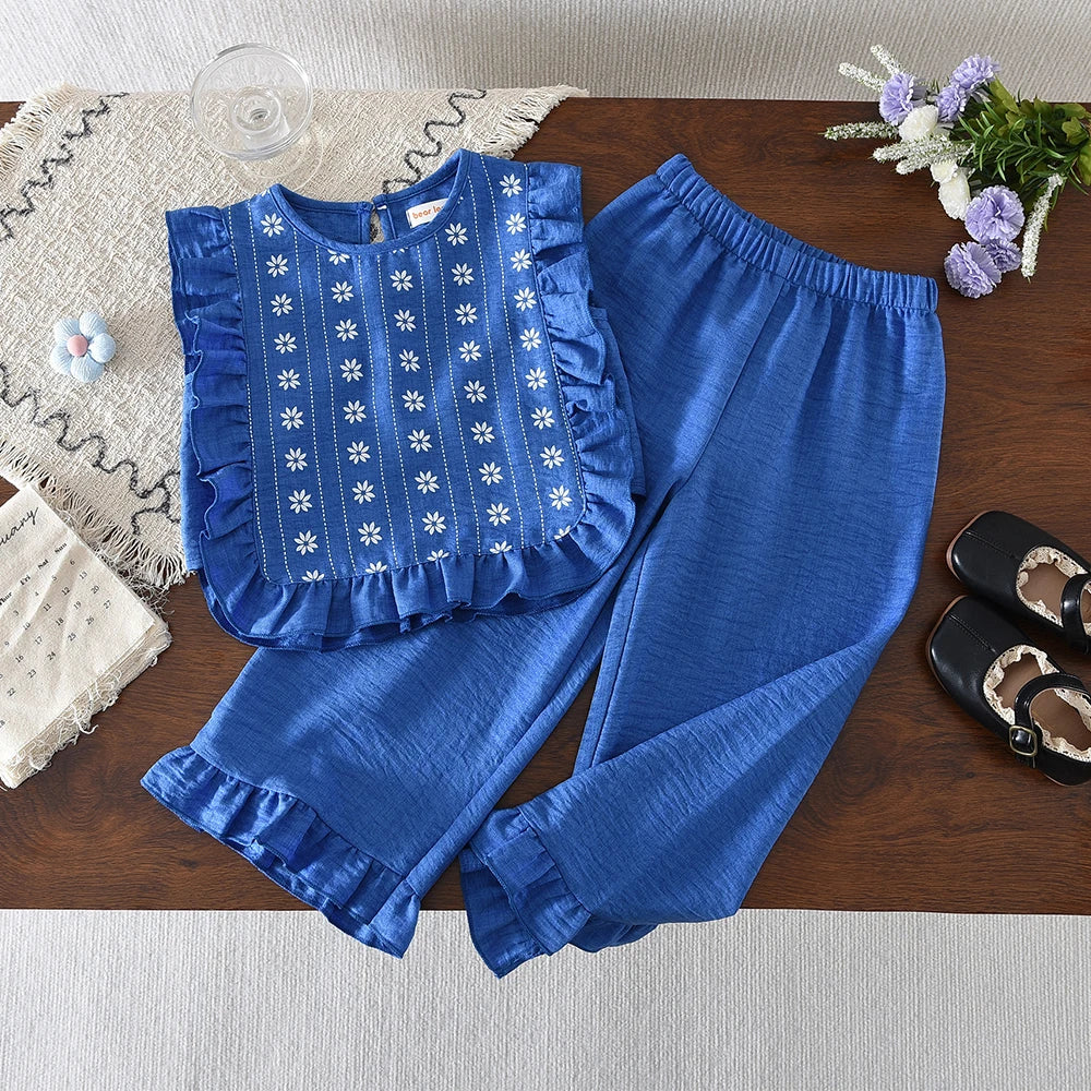 Summer New 2025 Baby Girls Suits Imitation Denim Bow Print Sleeveless Tops and Pants Two-piece Set Casual Children Clothing