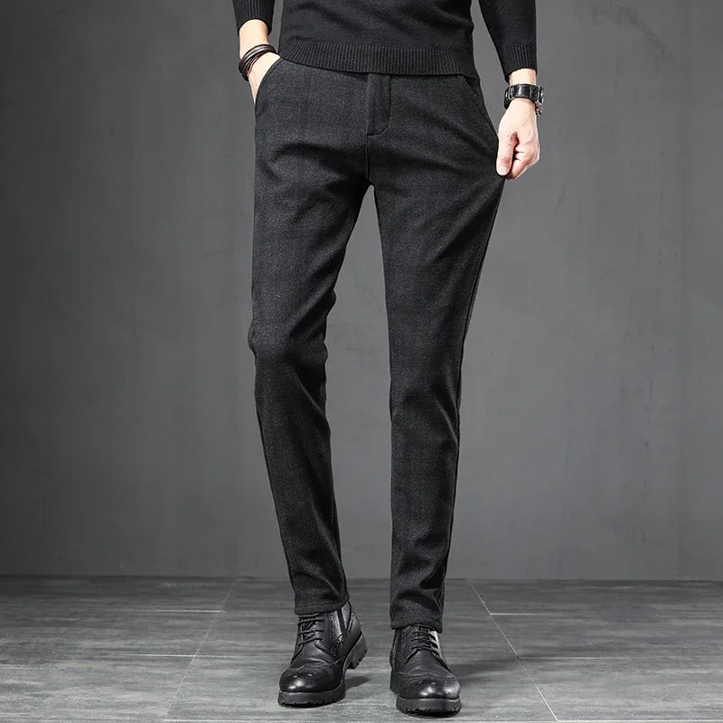 Autumn Men's Brushed Plaid Casual Pants Korean Style Gray Elastic Straight Slim Fit Fashionable Work Pants Blue and Black Male