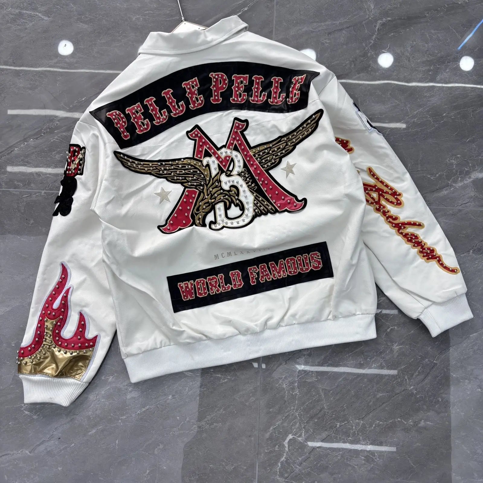 American retro cool design flame decoration hip-hop eagle nail motorcycle embroidery leather jackets winter version mens jacket