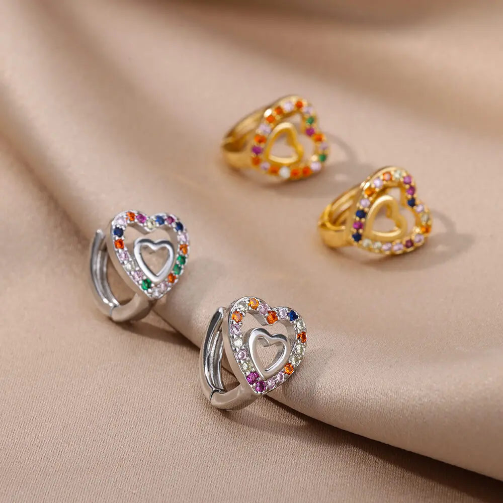 Hollow Zircon Heart Earrings For Women Stainless Steel Gold Color.