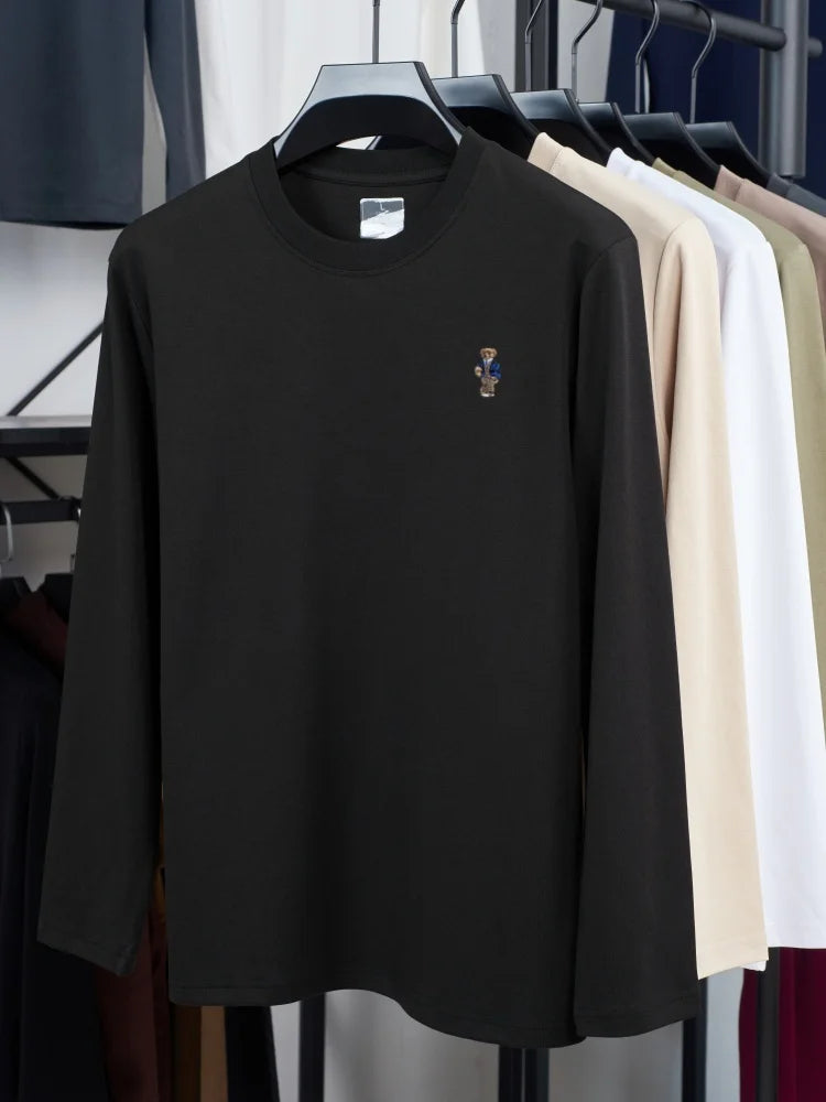 High-quality Men's luxury spring autumn long sleeve T-shirt round neck commuting versatile exquisite teddy bear embroidered top