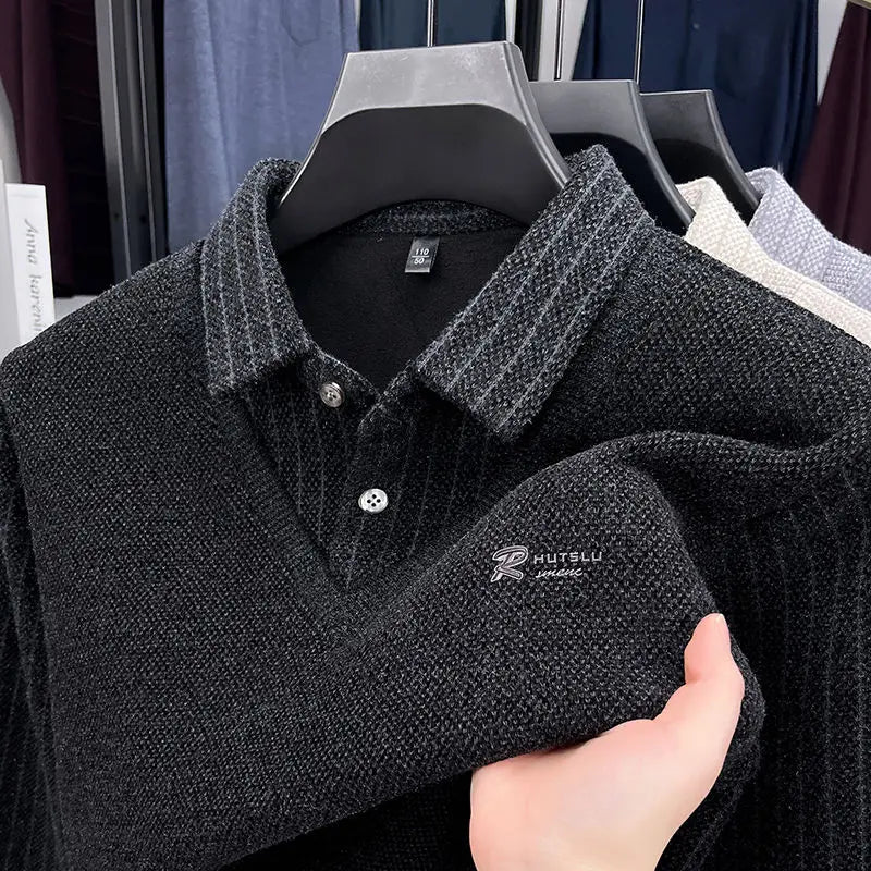 Mens Sweater Polo Collar Label Patchwork Stripes Plush Wool Liner Knitted Thickened Sweater Brand Luxury Print Thermo Menswear