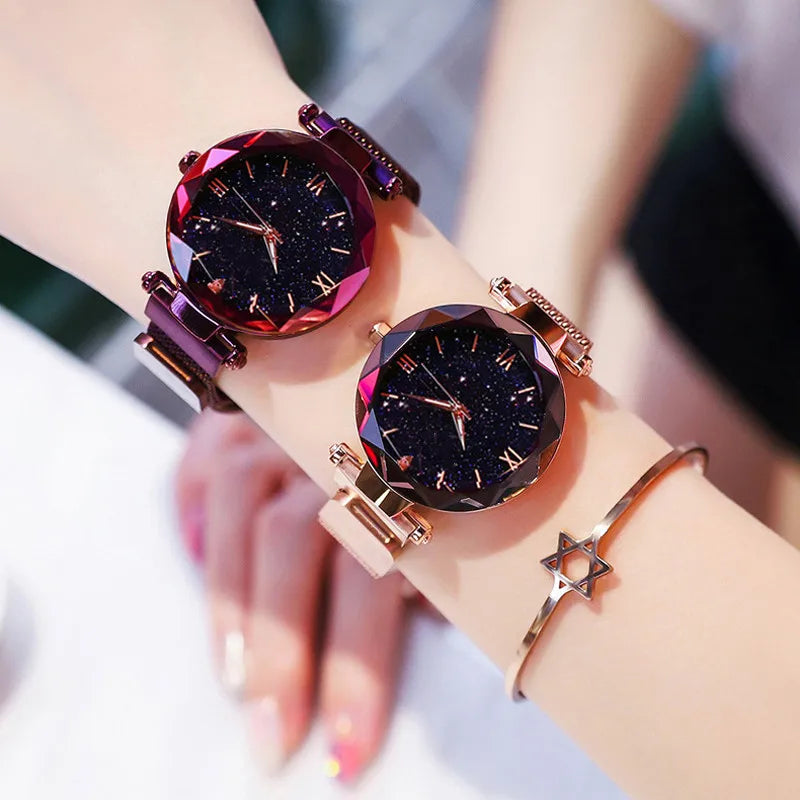 Womens Fashion Starry Sky Watches Magnet Buckle Mesh Belt