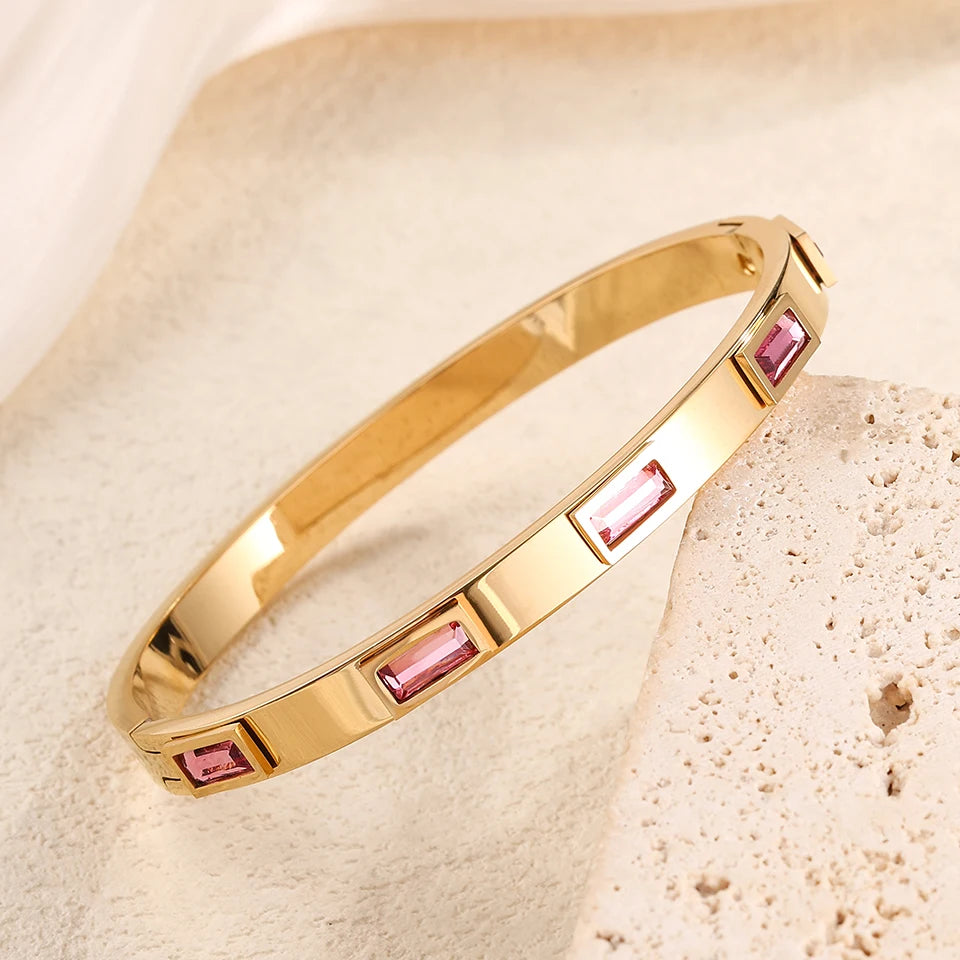 Yupsk 4pcs/1pcs Green Pink Zircon Stainless Steel Bracelet for Women Versatile Stacking Bangles Valentine's Day Jewelry Gift