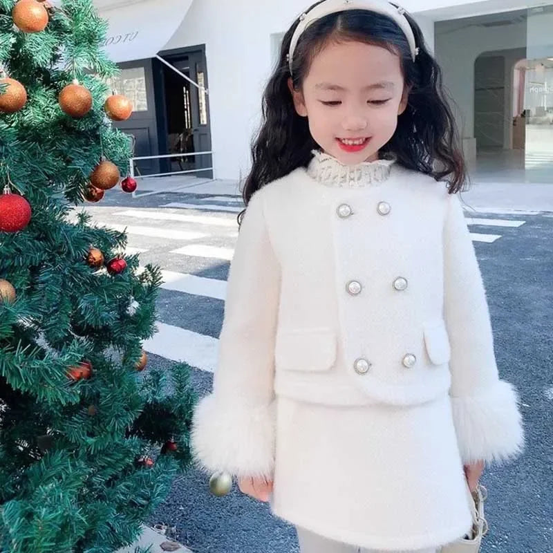 2025 New Year's Girls' Set with Cotton and Thickened Small Fragrant Plush Jacket+ Hip Hugging Skirt Winter New Clothing Suits