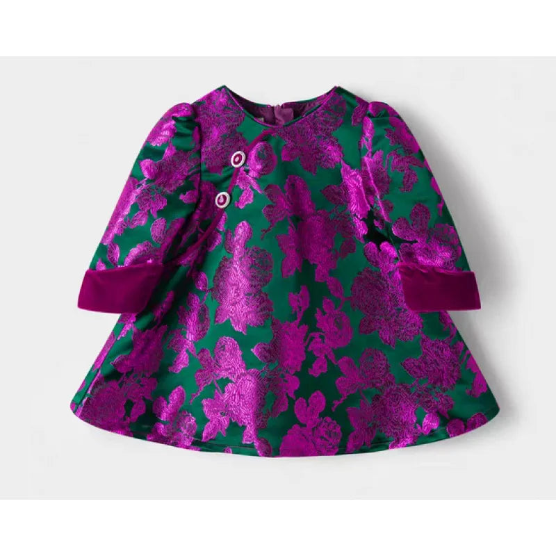 Girls'  Embroidered Tang Suit Velvet Sleeves High-Quality Princess Dress