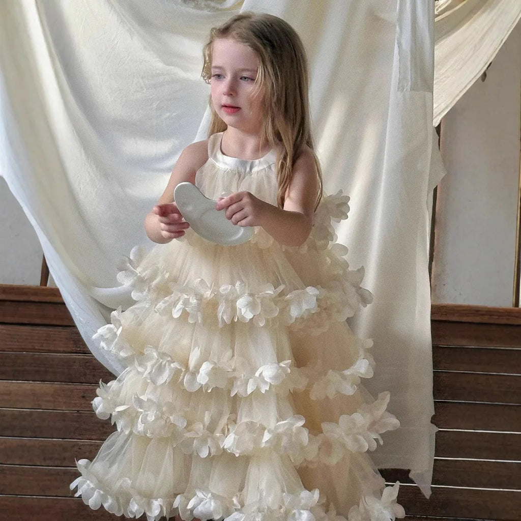 2025 Spring Summer New Children Clothing Girls Neck Hanging Flower Layered Long Dress Korean Children Birthday Princess Dress