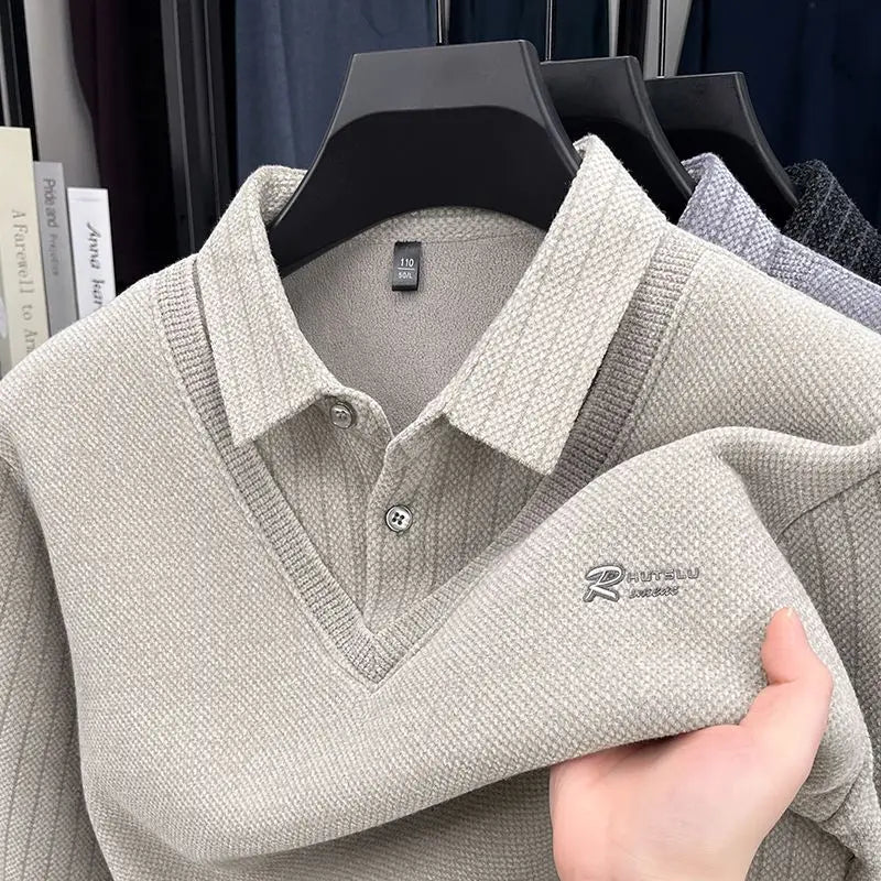 Mens Sweater Polo Collar Label Patchwork Stripes Plush Wool Liner Knitted Thickened Sweater Brand Luxury Print Thermo Menswear