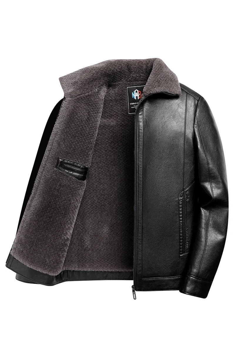Add Fleece and Thickening Winter Dad Leather Jacket for Middle-aged Grandpa Fur Collar Middle-aged Men's Coat for Warmth