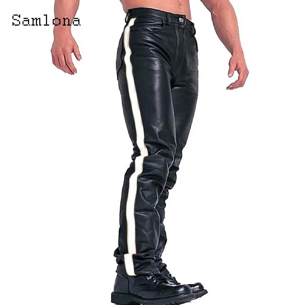 2025 Men's Rock Style PU Leather Pants Sexy Night Club Dance Pants Hommes Side Striped Faux Leather Slim Motorcycle Trousers New
