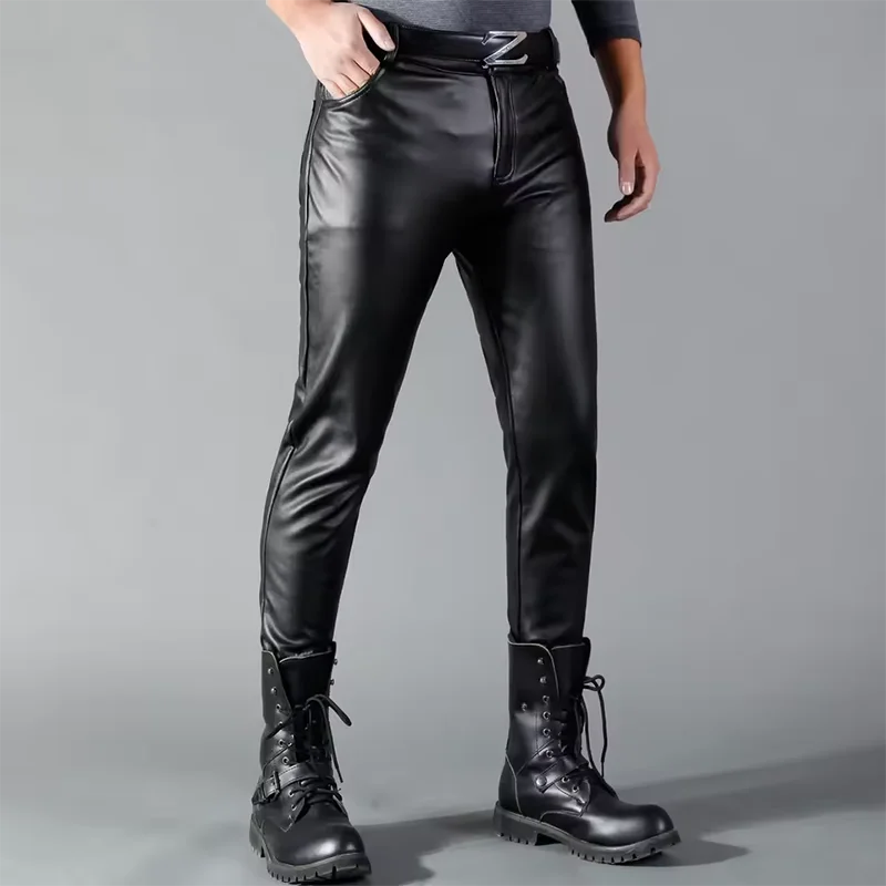 Elastic PU Leather Pants Mens Slim Stretch Trousers Thin Velvet Windproof Motorcycle Trousers Outdoor Work Biker Leather Pants