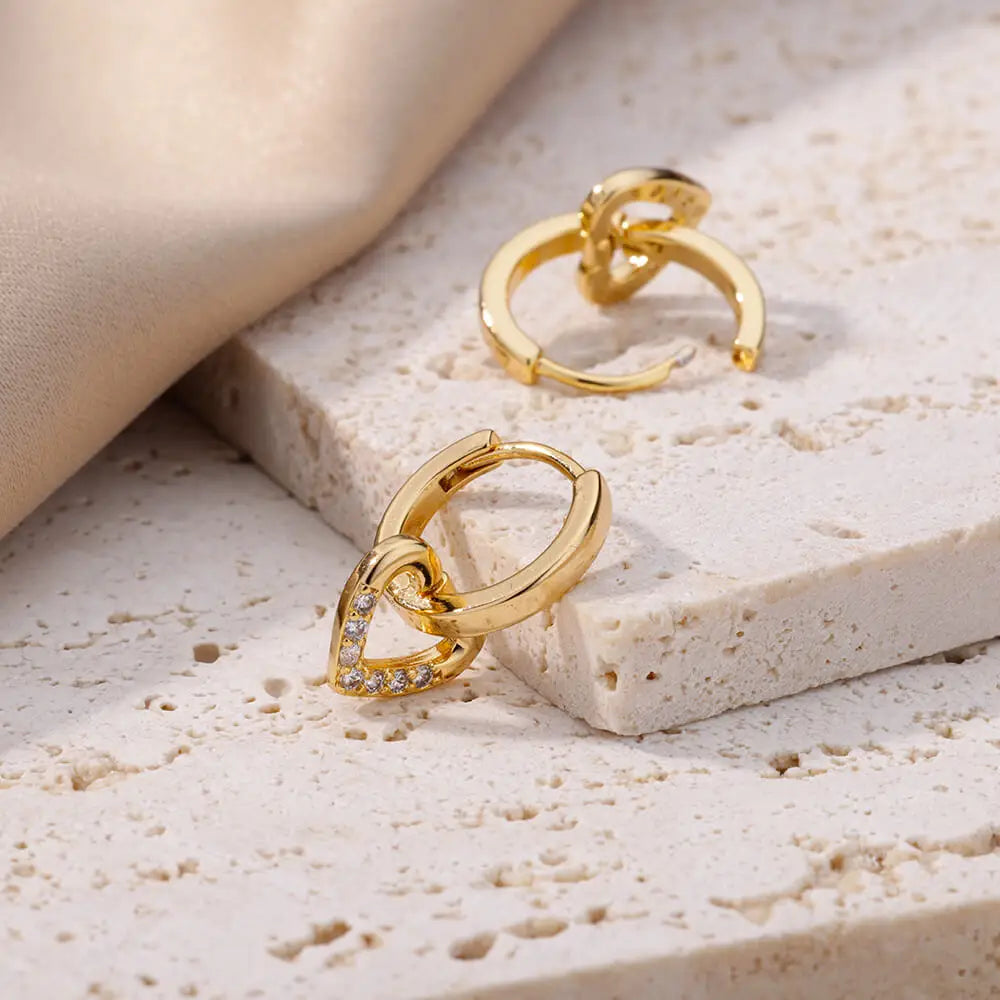 Hollow Zircon Heart Earrings For Women Stainless Steel Gold Color.