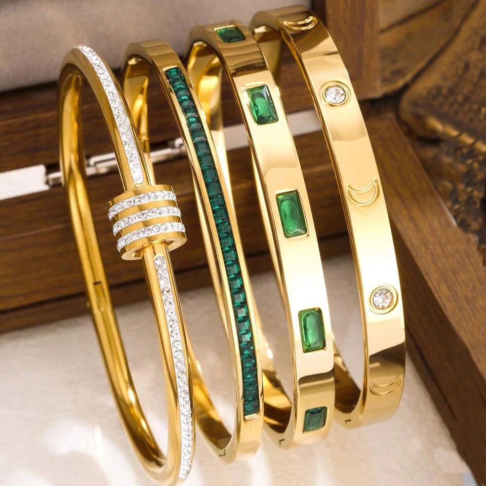 Yupsk 4pcs/1pcs Green Pink Zircon Stainless Steel Bracelet for Women Versatile Stacking Bangles Valentine's Day Jewelry Gift