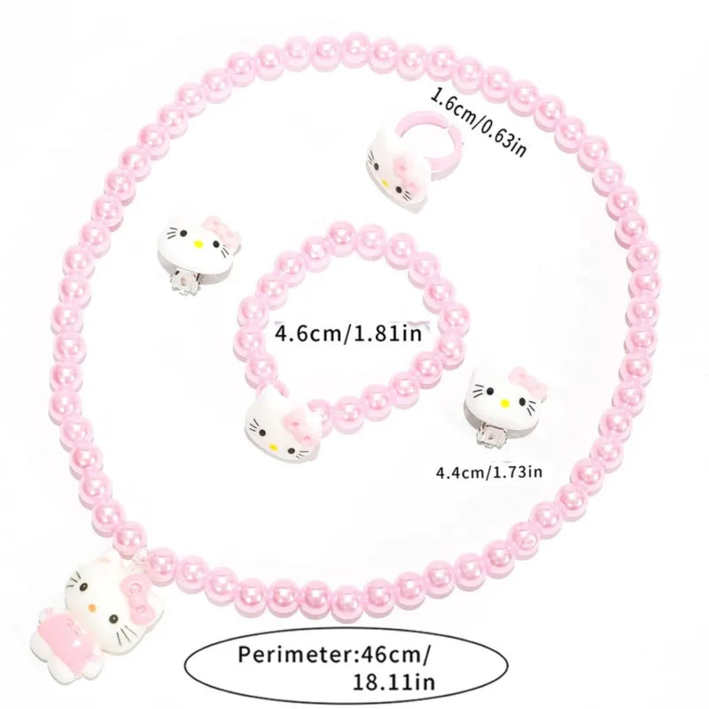 4pcs/set Cartoon Kawaii Hello Kitty Necklace Hairclips Ring Set Toy Kids Hairpins Girl Heart Accessories Birthday Gifts