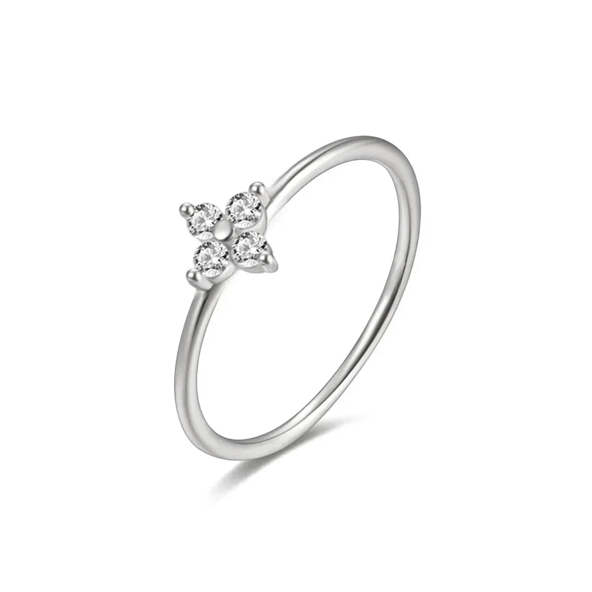 925 Thai Silver Inlaid Four Leaves Clover Zirconia Flower Ring for Women Simple Elegant