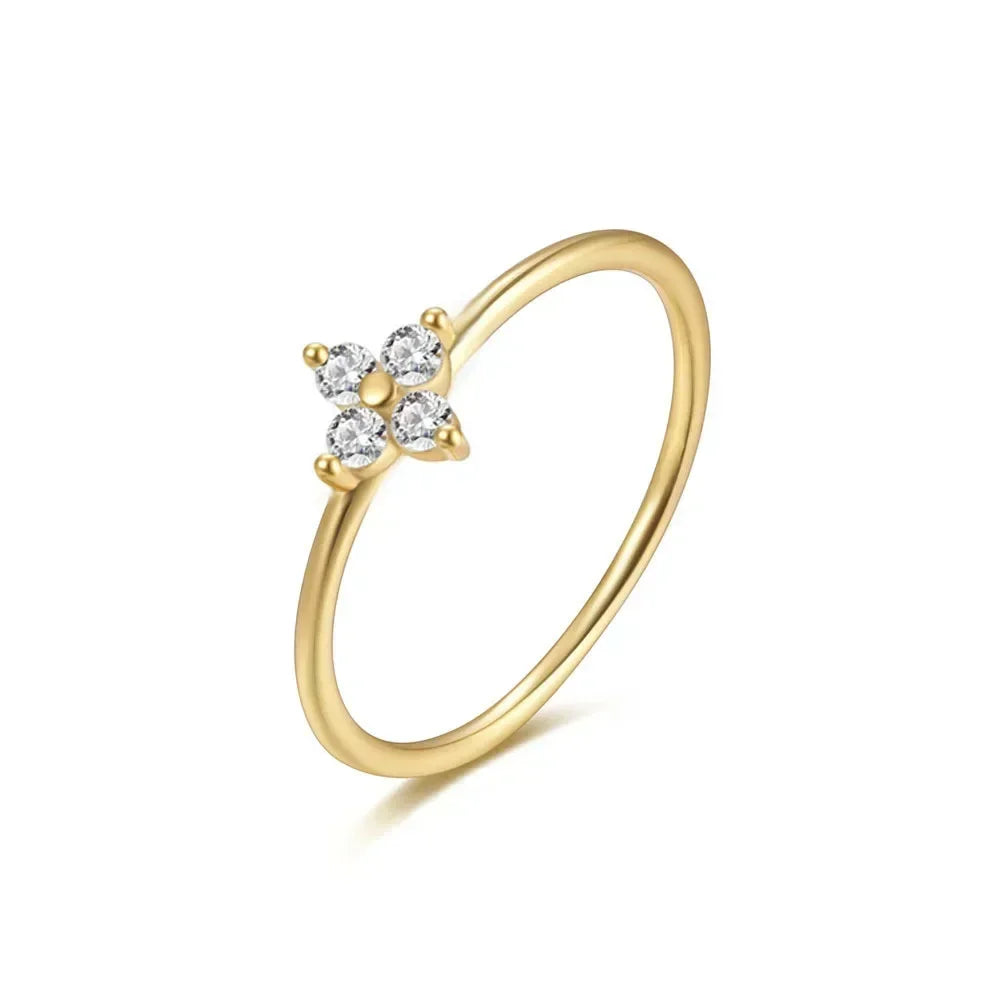 925 Thai Silver Inlaid Four Leaves Clover Zirconia Flower Ring for Women Simple Elegant