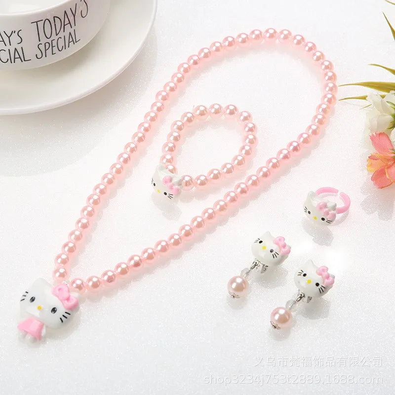 4pcs/set Cartoon Kawaii Hello Kitty Necklace Hairclips Ring Set Toy Kids Hairpins Girl Heart Accessories Birthday Gifts