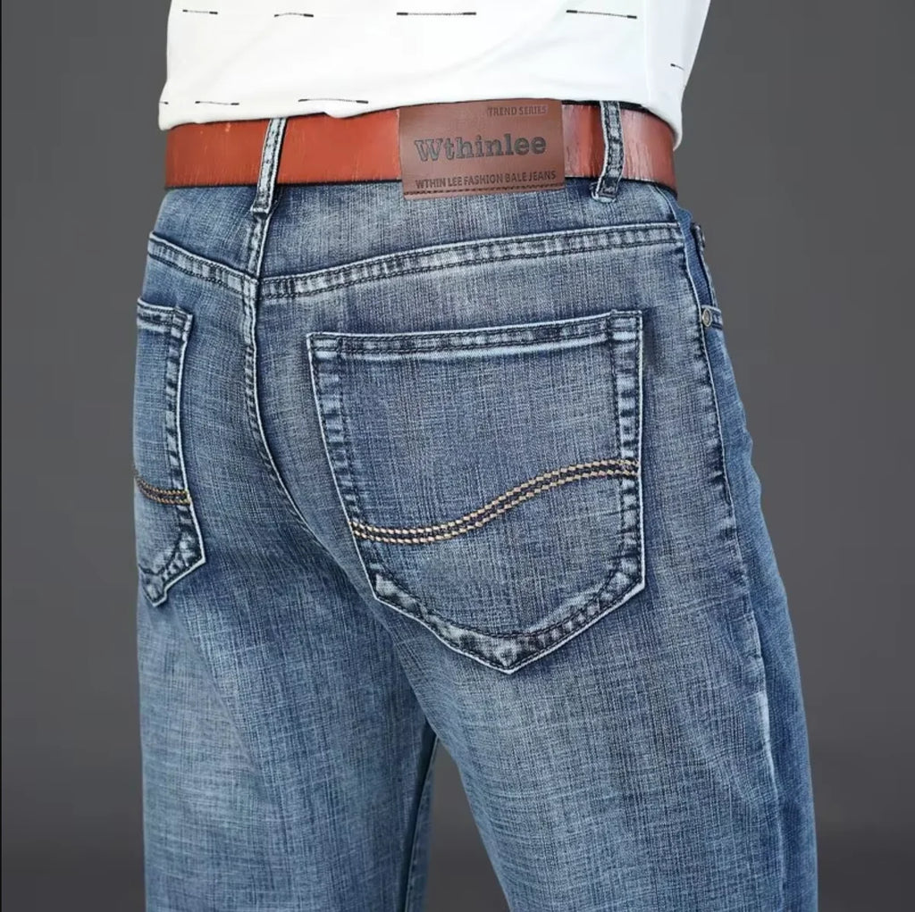 Wthinlee New Business Men's Jeans Casual Straight Stretch Fashion Classic Blue Black Work Denim Pant Trousers Male  Clothing