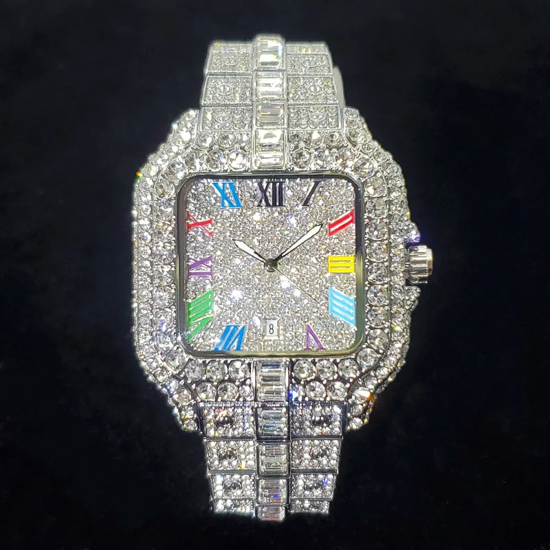 UNIGUET Luxury Diamond Quartz Watch for Men Rainbow Dial  Calendar Hip Hop Iced Out Gold Wristwatch Mens Fashion Accessory 2025