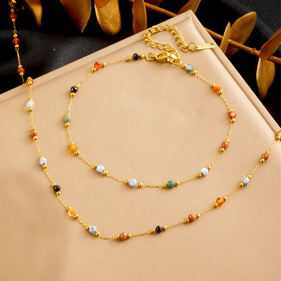 ZAKOL 316L Stainless Steel Natural Colored Beads Necklace Bracelet Bohemian Trend Non-fading Colorful Jewelry Set Gift