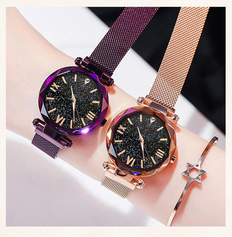 Womens Fashion Starry Sky Watches Magnet Buckle Mesh Belt