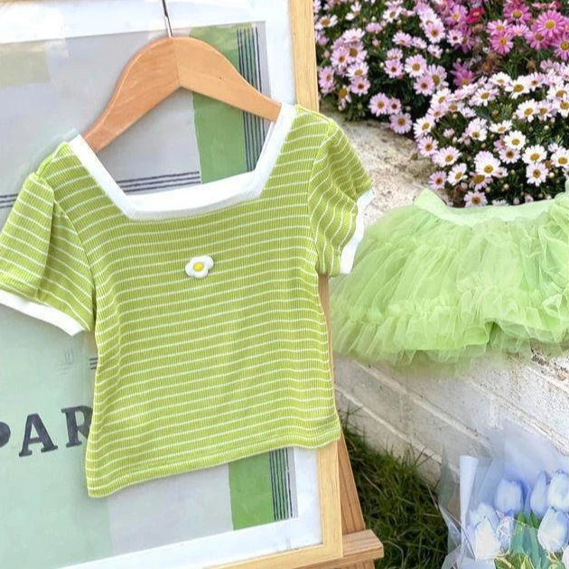 1-7Y Children's Short Sleeved T-shirt 2025 Summer New Girls Square Neck Shirts Cute Stylish Baby Breathable Half Dleeved Tops